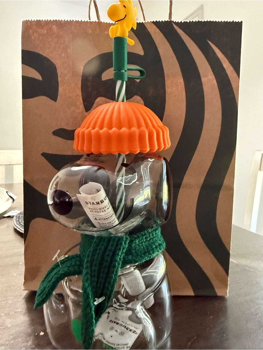 Starbucks Peanuts Snoopy Holiday Drink Cup - Orange Hat, Green Scarf